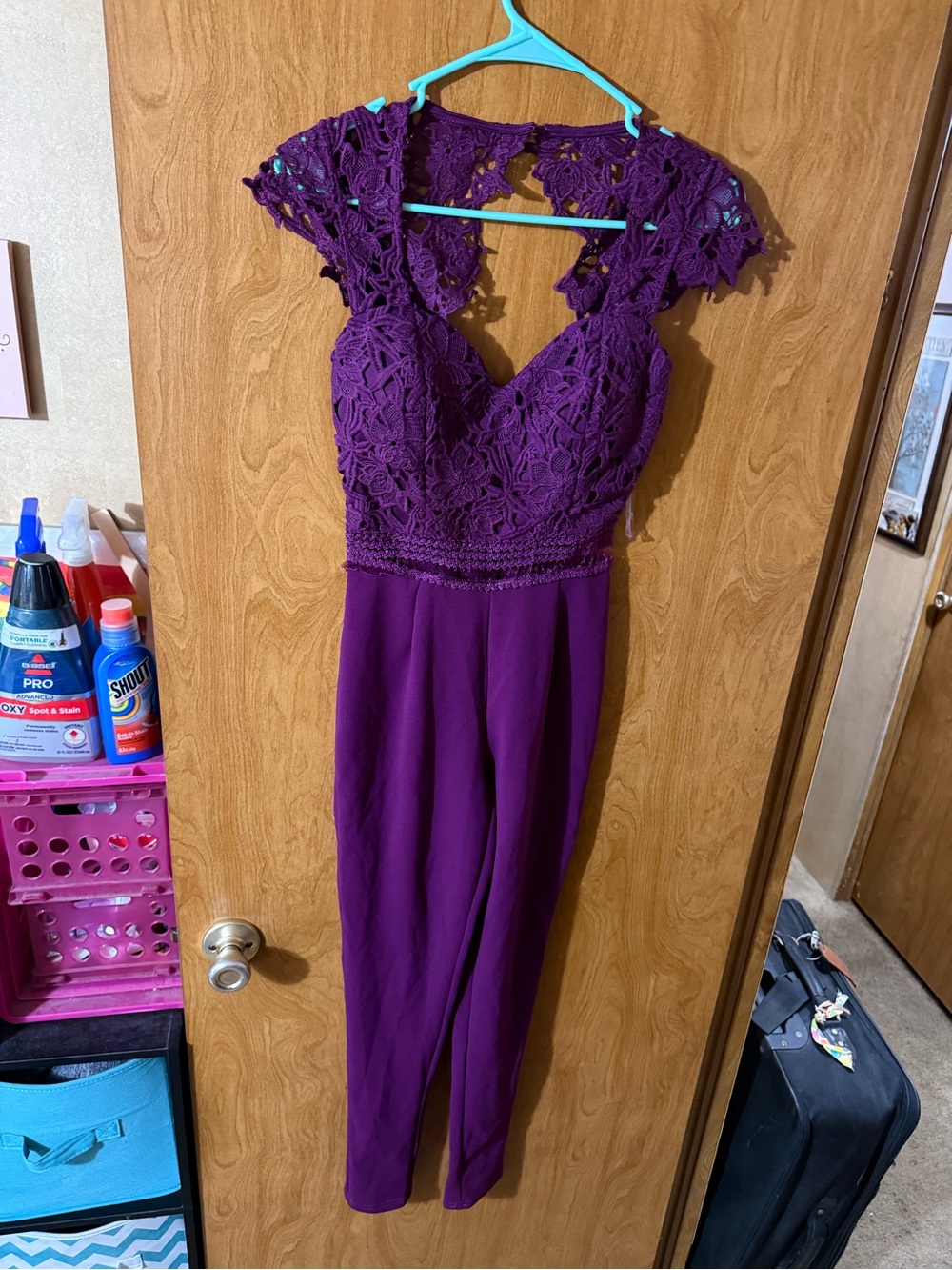 Fashion Nova Purple Lace Bodice Jumpsuit with Cap Sleeves